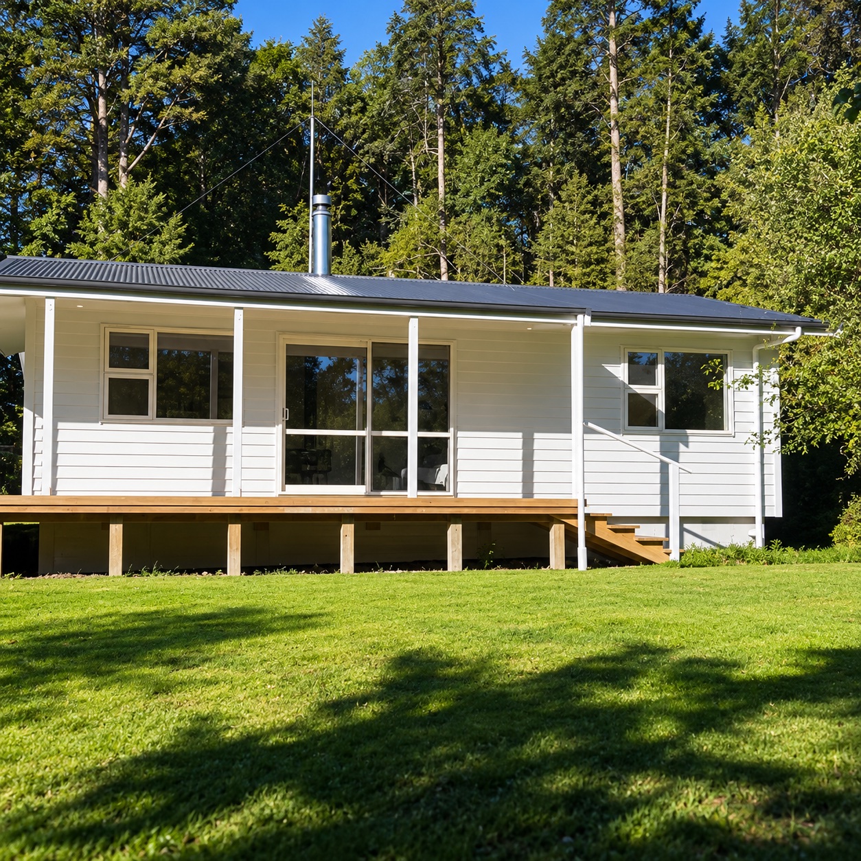 Completed light-coloured Southland home with timber deck